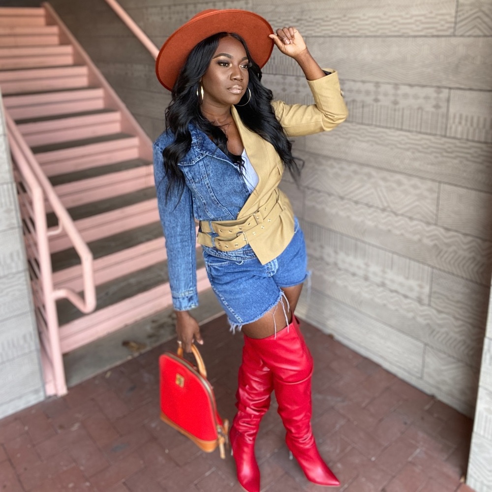 Two sided tan denim jacket.